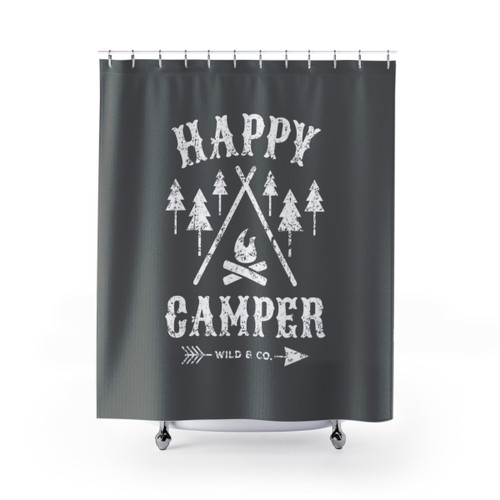 Distressed White Happy Camper Shower Curtains