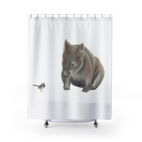 Wombat and Blue Wren Shower Curtains - Superb Fairy Wren Art