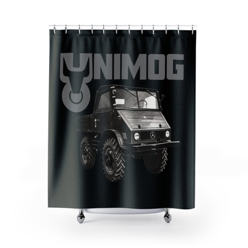 UNIMOG oldschool shower curtain with retro, vintage vehicle design