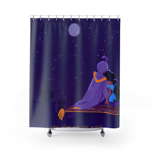 Aladdin Themed Shower Curtain with Characters and Magic Carpet