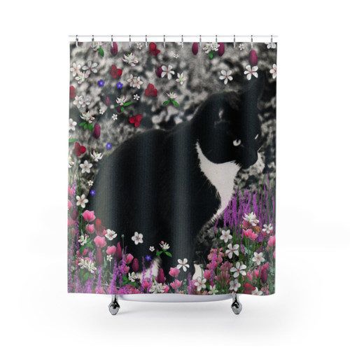 Tuxedo Cat Shower Curtains with Whimsical Floral Design
