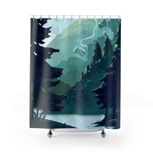 Calming mountain landscape shower curtain