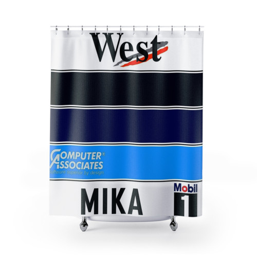Mika Hakkinen Helmet Shower Curtain for F1 Enthusiasts