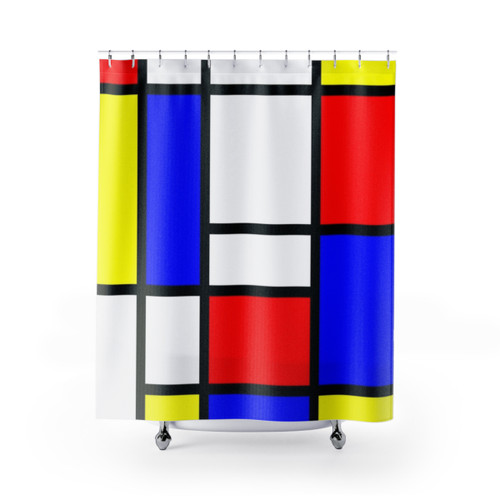 Mondrian-inspired shower curtain with geometric color block design