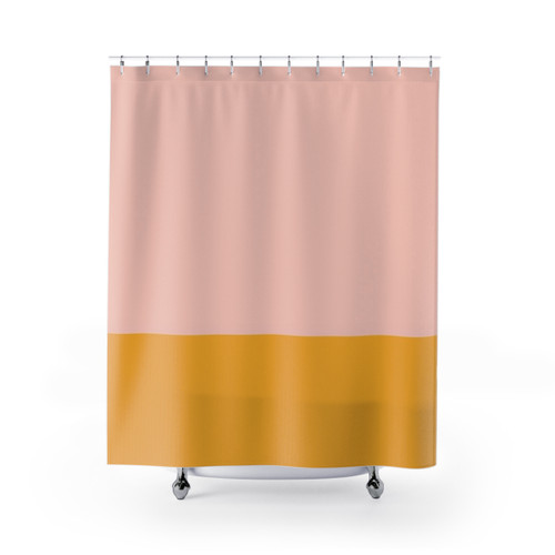 Minimalist color block shower curtains in blush pink and mustard yellow