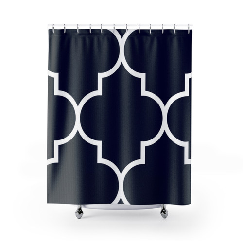 Navy Blue Quatrefoil Patterned Shower Curtain