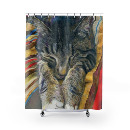 Colorful striped shower curtains with a sleeping tabby cat design