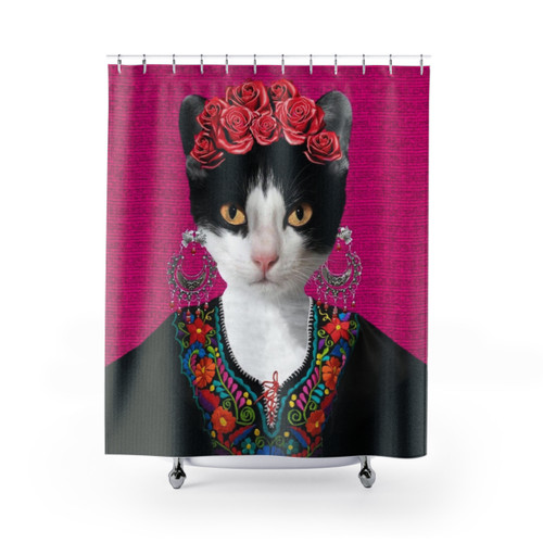 Frida Kahlo inspired floral and cat print shower curtain