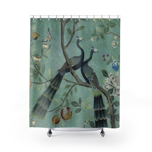 Chinoiserie Shower Curtains with Teal and White Birds Design