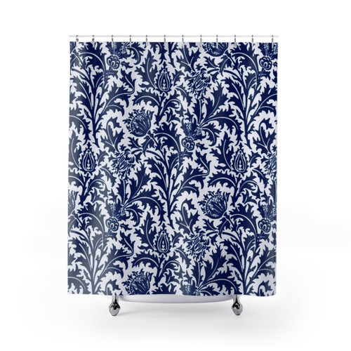 Navy Blue and White William Morris Damask Shower Curtains