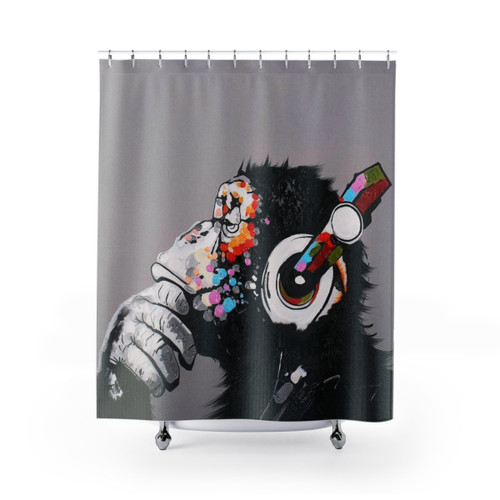 Thinker Chimp Shower Curtains with Headphones