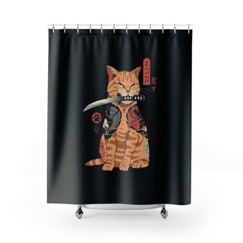 Catana Shower Curtains featuring unique cat-inspired Japanese art
