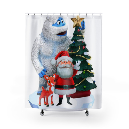 Festive Christmas-themed shower curtains with Bumble, Rudolph, and Santa Claus designs