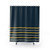 Minimalist striped shower curtain in mustard yellow, grey and navy blue