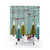 Winter-themed shower curtain with snow, trees, and forest animals