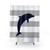 Navy blue dolphin jumping on silver gray striped shower curtain