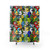 Colorful bird-themed shower curtain with parrots, cockatiels, and other avian friends
