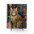 Colorful Floral Shower Curtain with Cat Design