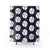 Baseball themed shower curtain with baseballs on a dark blue background
