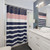 Minimalist Striped Shower Curtains in Navy Blue, Blush Pink, and White