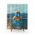 Surreal digital collage shower curtains featuring sci-fi and beach elements