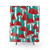 Red mushrooms on turquoise blue shower curtain