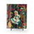 Alice in Wonderland-themed shower curtain with floral and nature motifs