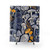 Mystical fungi shower curtain with midnight blue background and ivory, pale blue, and yellow wild mushrooms