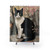 Tuxedo Cat Shower Curtain with Watercolor Forest Design