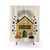 Bookshop-themed shower curtain with books, pumpkins, and a black cat