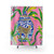 Preppy grandmillennial shower curtains with ginger jars, cheetah, and banana leaves on bubblegum pink background