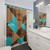 Turquoise Geometric Shower Curtain with Wood and Stone Design