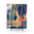 Abstract art shower curtain with blue, orange, and pink colors