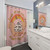 Skull-themed shower curtain with colorful, spooky design