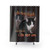 Cat meme portrait shower curtain featuring the 'I think, therefore I am' philosophy
