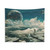 Surreal sci-fi explorer tapestry featuring clouds, planets, and the universe