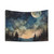 Boho Watercolor Tapestry with Starry Night Sky and Full Moon in Woods