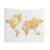 Gold color world map tapestry with detailed cities and countries