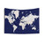 Detailed navy blue and light brown world map tapestry