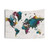 Colorful watercolor world map tapestry with city labels