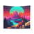 Neon Synthwave Mountain Landscape Tapestry with Fox