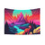 Neon Synthwave Mountain Landscape Tapestry with Fox