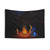 Trippy astronaut tapestry with campfire and forest scene