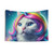 Whimsical unicorn cat tapestry with rainbow hair and horn