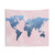 Stunning world map tapestry wall hanging with pink watercolor design