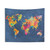 Blue World Map Tapestry with Typographic Design