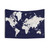 Detailed world map tapestry in navy blue and cream