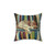 Cozy Bookworm Pillow featuring an illustration of a cat reading books