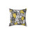 Gray, mustard, and yellow patterned throw pillow featuring a cat party design