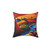 Surreal landscape pillow with colorful birds and skull